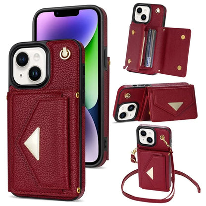 For iPhone 14 Case Card Bag Scratch Resistant Leather+TPU Cover with Shoulder Strap