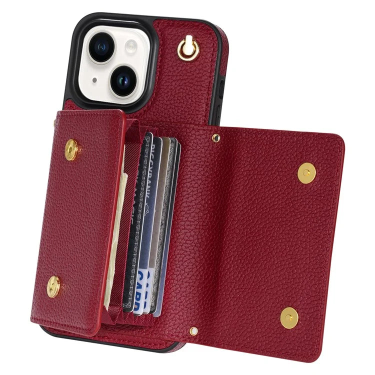 For iPhone 14 Case Card Bag Scratch Resistant Leather+TPU Cover with Shoulder Strap