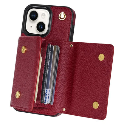 For iPhone 14 Case Card Bag Scratch Resistant Leather+TPU Cover with Shoulder Strap