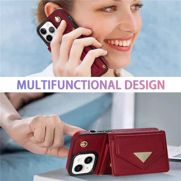 For iPhone 14 Case Card Bag Scratch Resistant Leather+TPU Cover with Shoulder Strap