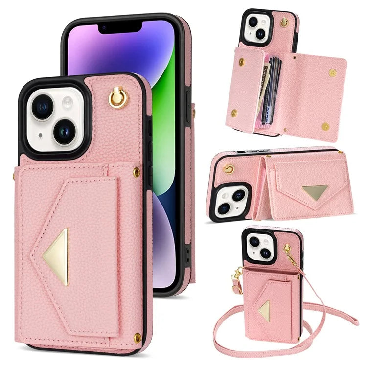 For iPhone 14 Case Card Bag Scratch Resistant Leather+TPU Cover with Shoulder Strap
