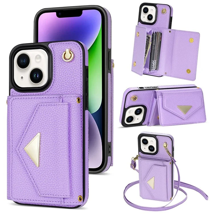 For iPhone 14 Case Card Bag Scratch Resistant Leather+TPU Cover with Shoulder Strap