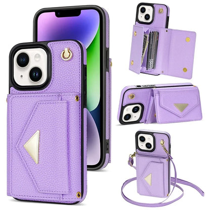 For iPhone 14 Case Card Bag Scratch Resistant Leather+TPU Cover with Shoulder Strap