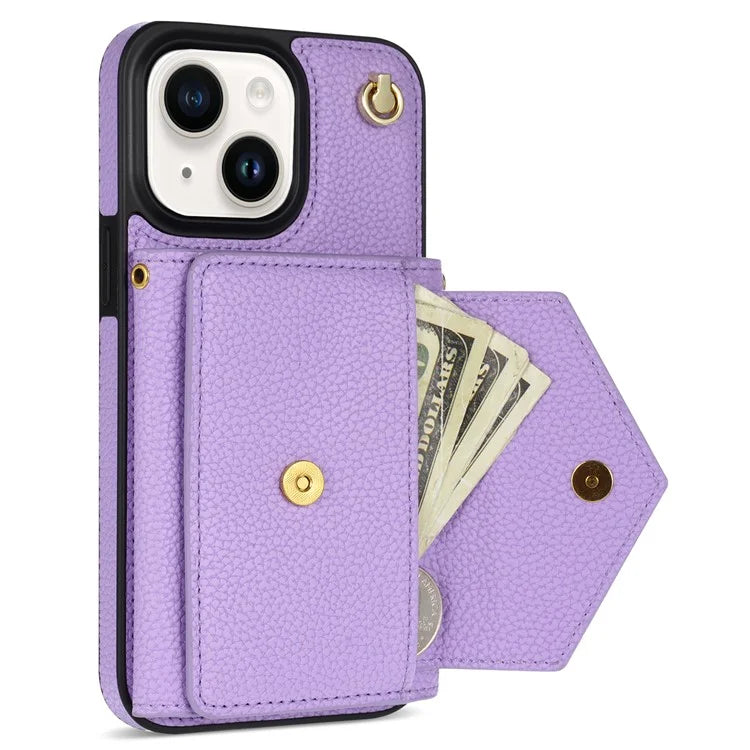 For iPhone 14 Case Card Bag Scratch Resistant Leather+TPU Cover with Shoulder Strap