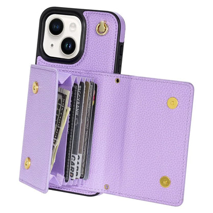 For iPhone 14 Case Card Bag Scratch Resistant Leather+TPU Cover with Shoulder Strap