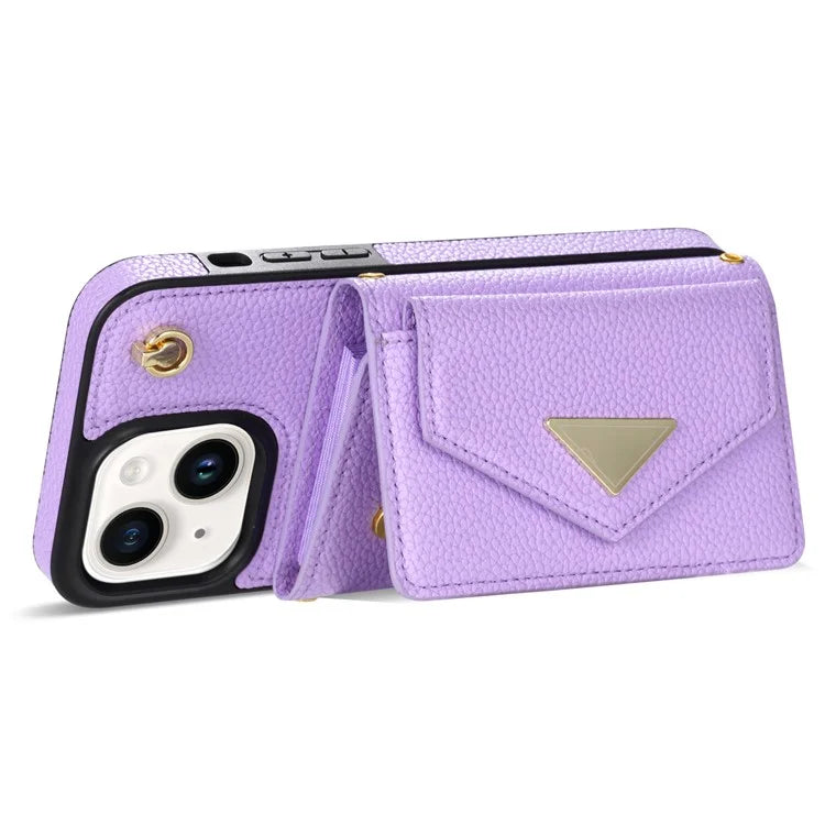 For iPhone 14 Case Card Bag Scratch Resistant Leather+TPU Cover with Shoulder Strap