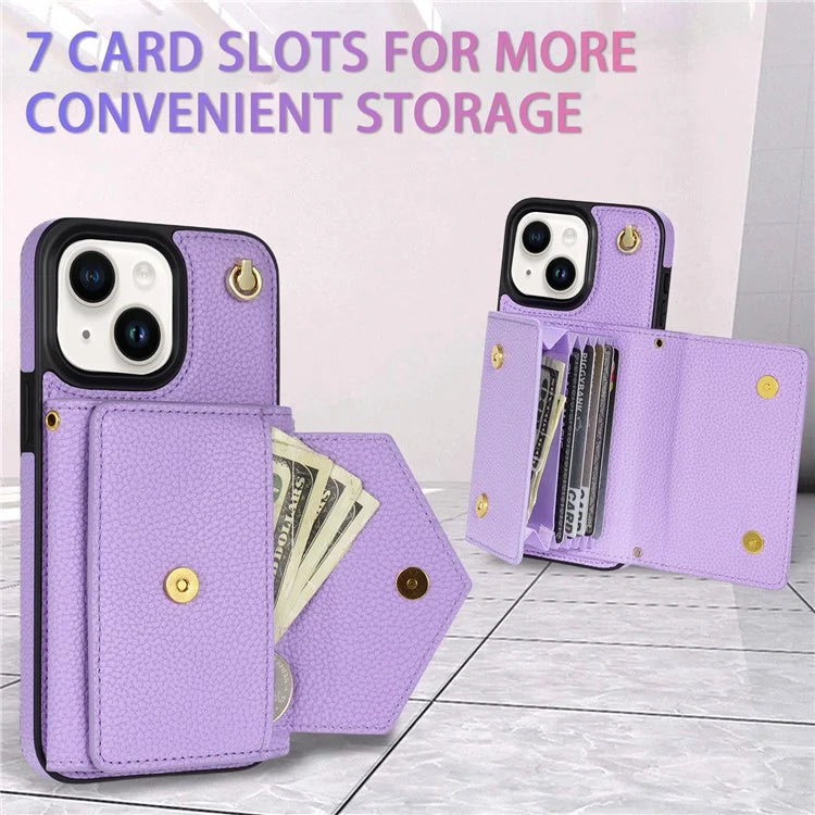 For iPhone 14 Case Card Bag Scratch Resistant Leather+TPU Cover with Shoulder Strap