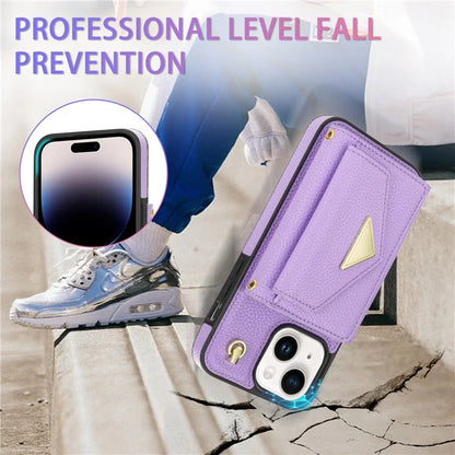 For iPhone 14 Case Card Bag Scratch Resistant Leather+TPU Cover with Shoulder Strap
