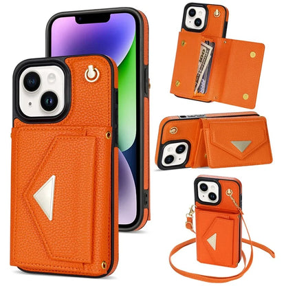 For iPhone 14 Case Card Bag Scratch Resistant Leather+TPU Cover with Shoulder Strap
