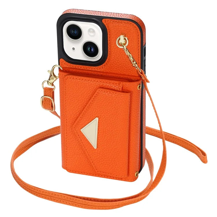 For iPhone 14 Case Card Bag Scratch Resistant Leather+TPU Cover with Shoulder Strap