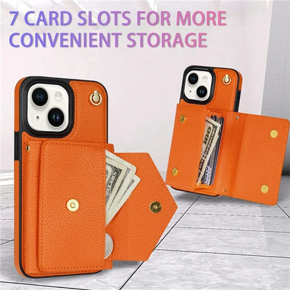 For iPhone 14 Case Card Bag Scratch Resistant Leather+TPU Cover with Shoulder Strap