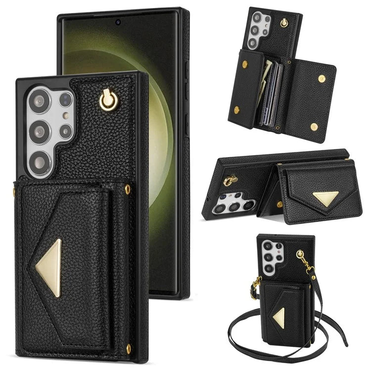 For Samsung Galaxy S23 Ultra Case Card Holder Shell Leather+TPU Cover with Shoulder Strap
