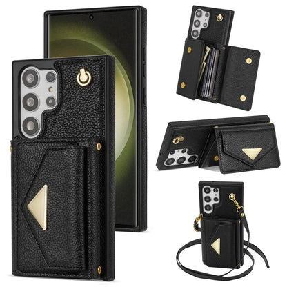 For Samsung Galaxy S23 Ultra Case Card Holder Shell Leather+TPU Cover with Shoulder Strap
