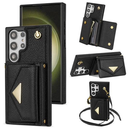 For Samsung Galaxy S23 Ultra Case Card Holder Shell Leather+TPU Cover with Shoulder Strap