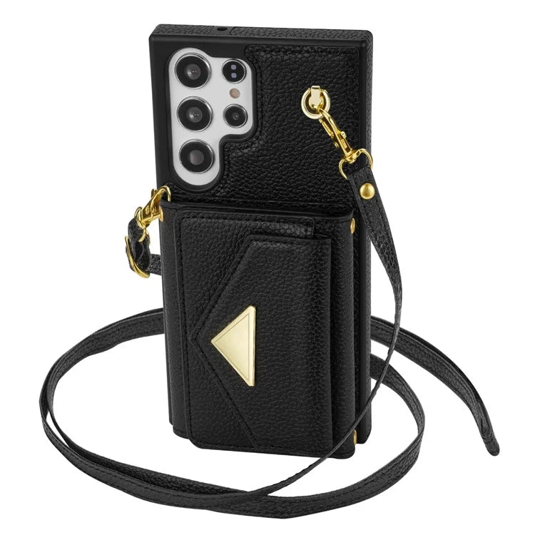 For Samsung Galaxy S23 Ultra Case Card Holder Shell Leather+TPU Cover with Shoulder Strap