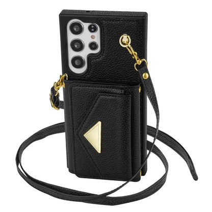 For Samsung Galaxy S23 Ultra Case Card Holder Shell Leather+TPU Cover with Shoulder Strap