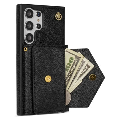 For Samsung Galaxy S23 Ultra Case Card Holder Shell Leather+TPU Cover with Shoulder Strap