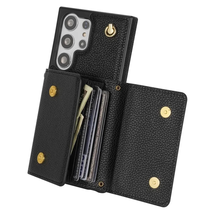 For Samsung Galaxy S23 Ultra Case Card Holder Shell Leather+TPU Cover with Shoulder Strap