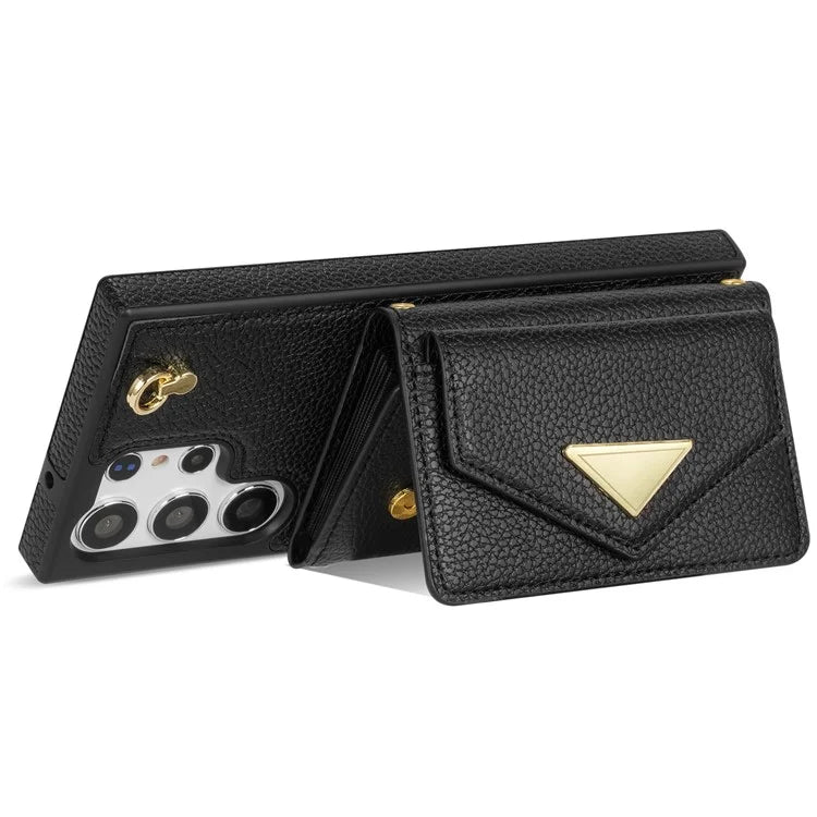 For Samsung Galaxy S23 Ultra Case Card Holder Shell Leather+TPU Cover with Shoulder Strap