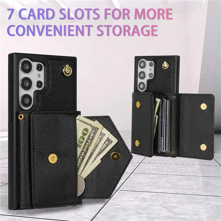 For Samsung Galaxy S23 Ultra Case Card Holder Shell Leather+TPU Cover with Shoulder Strap