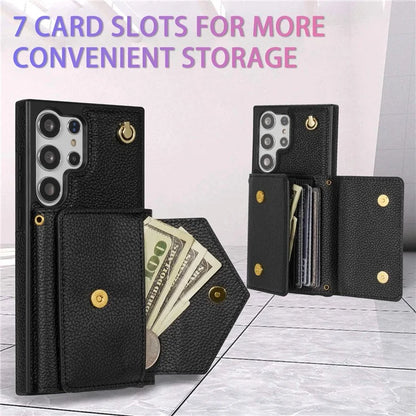 For Samsung Galaxy S23 Ultra Case Card Holder Shell Leather+TPU Cover with Shoulder Strap