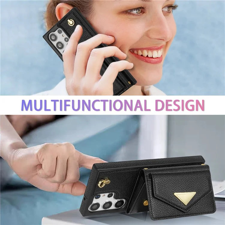 For Samsung Galaxy S23 Ultra Case Card Holder Shell Leather+TPU Cover with Shoulder Strap