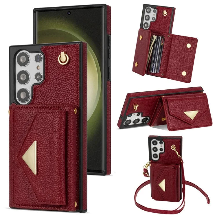 For Samsung Galaxy S23 Ultra Case Card Holder Shell Leather+TPU Cover with Shoulder Strap