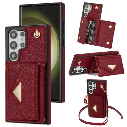 For Samsung Galaxy S23 Ultra Case Card Holder Shell Leather+TPU Cover with Shoulder Strap