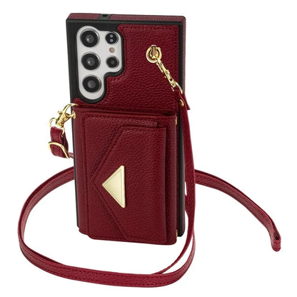 For Samsung Galaxy S23 Ultra Case Card Holder Shell Leather+TPU Cover with Shoulder Strap