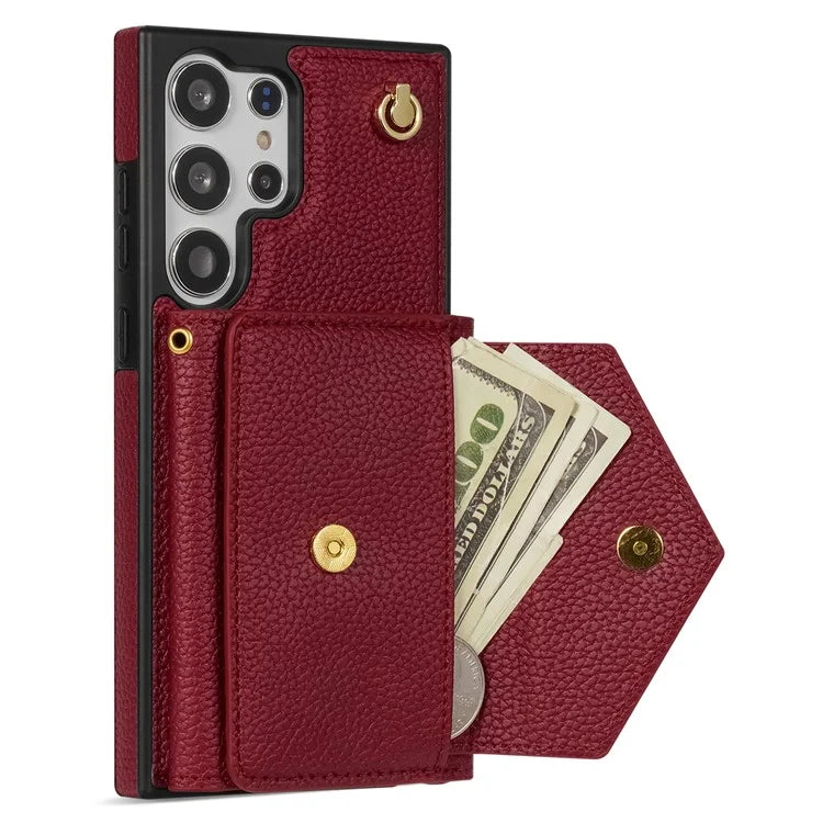 For Samsung Galaxy S23 Ultra Case Card Holder Shell Leather+TPU Cover with Shoulder Strap