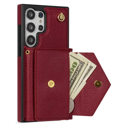 For Samsung Galaxy S23 Ultra Case Card Holder Shell Leather+TPU Cover with Shoulder Strap