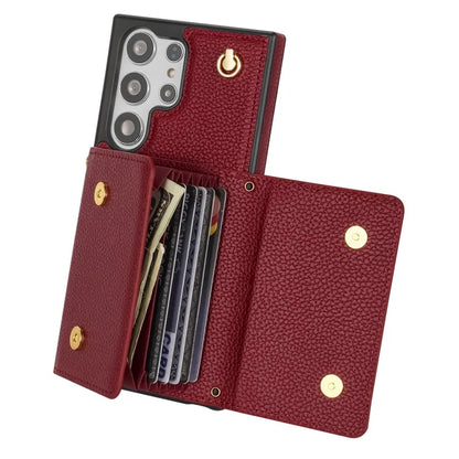 For Samsung Galaxy S23 Ultra Case Card Holder Shell Leather+TPU Cover with Shoulder Strap