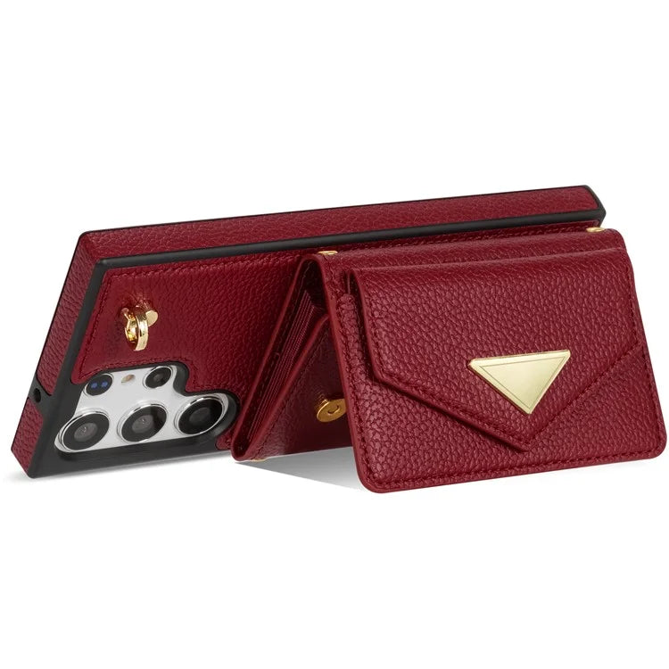 For Samsung Galaxy S23 Ultra Case Card Holder Shell Leather+TPU Cover with Shoulder Strap