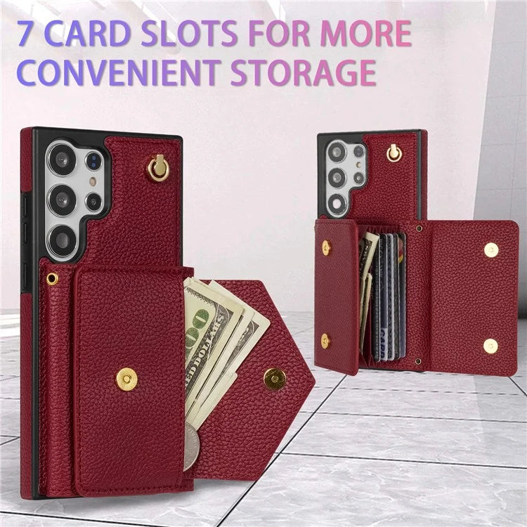 For Samsung Galaxy S23 Ultra Case Card Holder Shell Leather+TPU Cover with Shoulder Strap