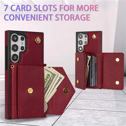 For Samsung Galaxy S23 Ultra Case Card Holder Shell Leather+TPU Cover with Shoulder Strap