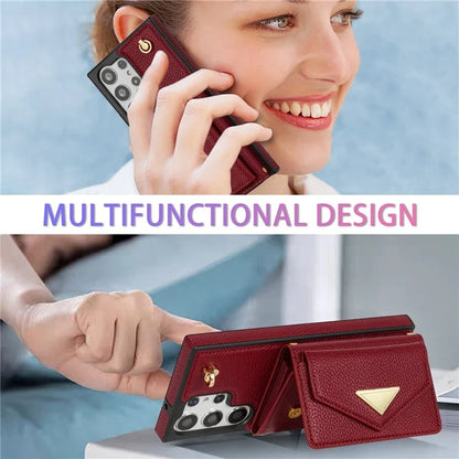 For Samsung Galaxy S23 Ultra Case Card Holder Shell Leather+TPU Cover with Shoulder Strap