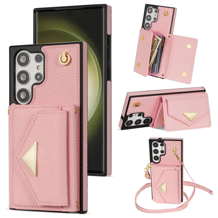 For Samsung Galaxy S23 Ultra Case Card Holder Shell Leather+TPU Cover with Shoulder Strap
