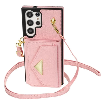 For Samsung Galaxy S23 Ultra Case Card Holder Shell Leather+TPU Cover with Shoulder Strap