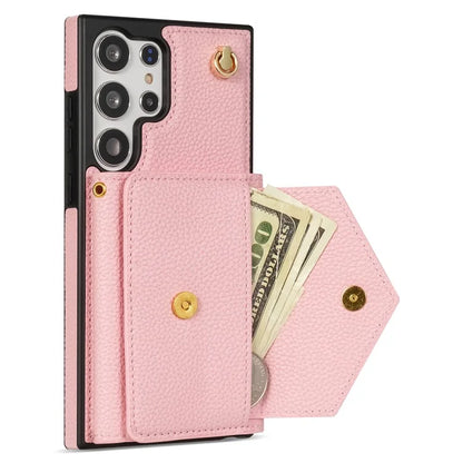 For Samsung Galaxy S23 Ultra Case Card Holder Shell Leather+TPU Cover with Shoulder Strap