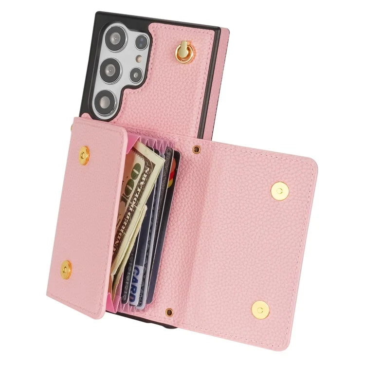 For Samsung Galaxy S23 Ultra Case Card Holder Shell Leather+TPU Cover with Shoulder Strap