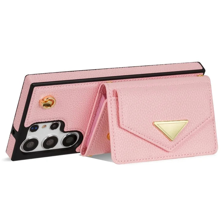 For Samsung Galaxy S23 Ultra Case Card Holder Shell Leather+TPU Cover with Shoulder Strap