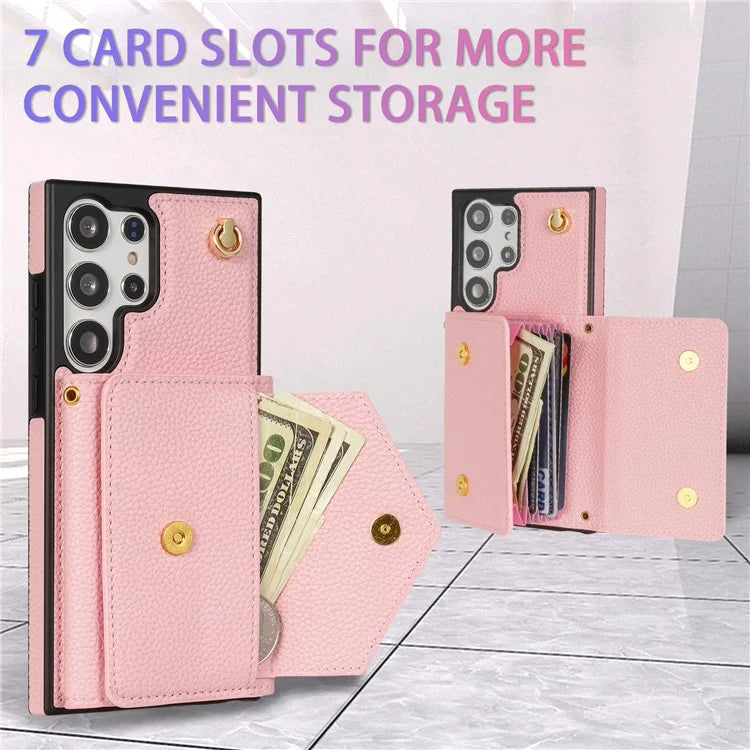 For Samsung Galaxy S23 Ultra Case Card Holder Shell Leather+TPU Cover with Shoulder Strap