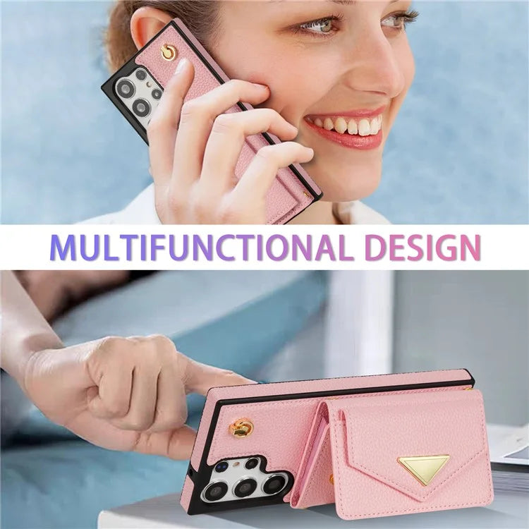 For Samsung Galaxy S23 Ultra Case Card Holder Shell Leather+TPU Cover with Shoulder Strap