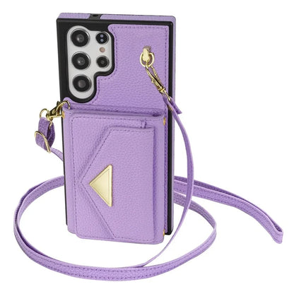 For Samsung Galaxy S23 Ultra Case Card Holder Shell Leather+TPU Cover with Shoulder Strap