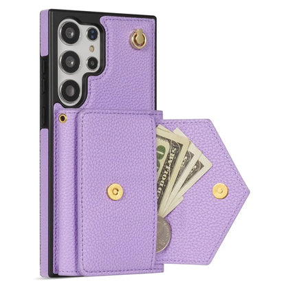 For Samsung Galaxy S23 Ultra Case Card Holder Shell Leather+TPU Cover with Shoulder Strap