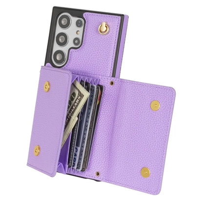 For Samsung Galaxy S23 Ultra Case Card Holder Shell Leather+TPU Cover with Shoulder Strap