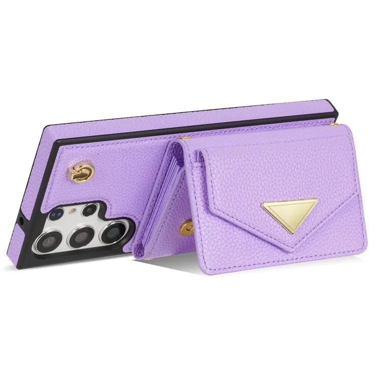 For Samsung Galaxy S23 Ultra Case Card Holder Shell Leather+TPU Cover with Shoulder Strap