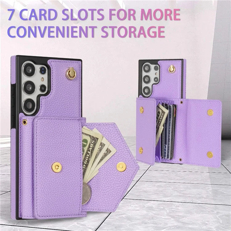For Samsung Galaxy S23 Ultra Case Card Holder Shell Leather+TPU Cover with Shoulder Strap