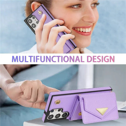 For Samsung Galaxy S23 Ultra Case Card Holder Shell Leather+TPU Cover with Shoulder Strap