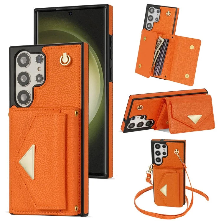 For Samsung Galaxy S23 Ultra Case Card Holder Shell Leather+TPU Cover with Shoulder Strap